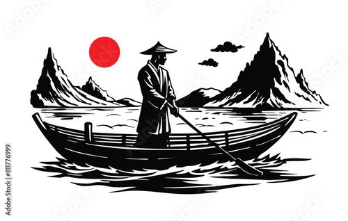 Traditional Japanese landscape painting sumi-e with boat, lake, mountains and red sun, woodcut engraved style, vector illustration