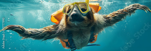 Underwater diving sloth swims in ocean with life jacket and goggles.  photo