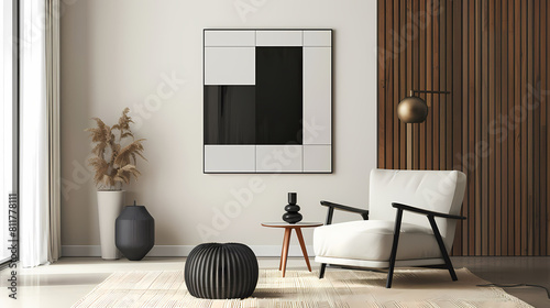 person >'s minimalist living room features a black and white chair, a small wood table, and a white vase on a white floor the room is accented with a brown