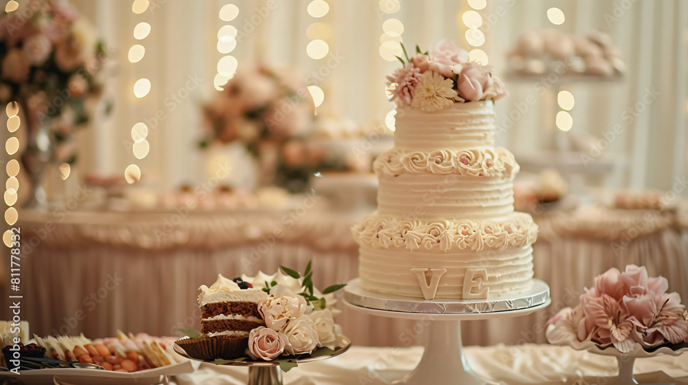 Stand with delicious wedding cake and word WEDDING on