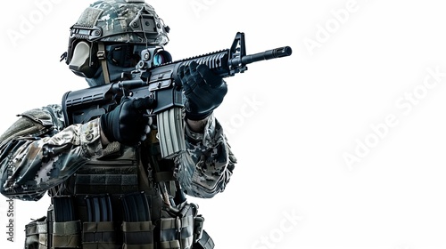 Isolated on a white background, an Army soldier wearing a protective combat uniform holds a combat assault rifle belonging to the Special Operations Forces. photo