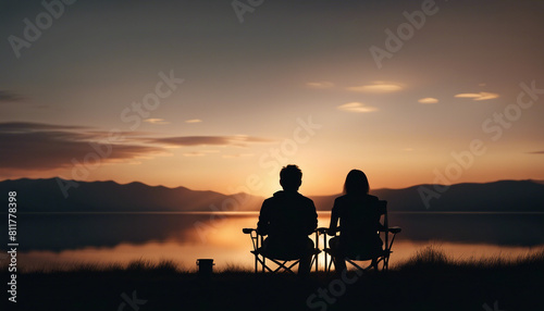 ilhouette of couple sitting on camping chair and watching sunset view 