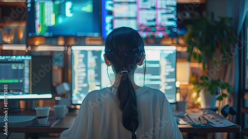 Back view of a young Asian woman working as a freelance home as an IT technician working on an artificial intelligence project and a coding programmer for big data mining and AI data engineering