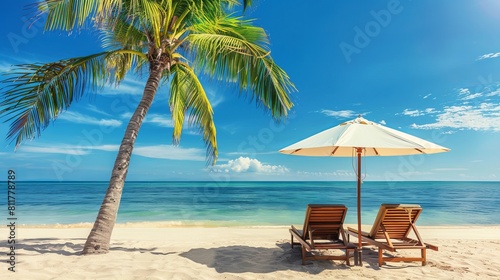 Lovely view of a tropical island  with two sun loungers  an umbrella  and a palm tree. White sand  an enchanted blue sky  a view of the sea with the horizon. Inspirational beach resort hotel 