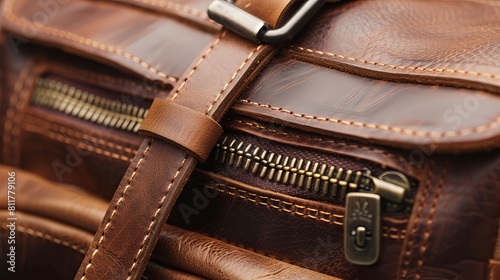 Products made of brown leather: close-up of a waist bag with a strap and a zipper lock. Sales of leather goods.