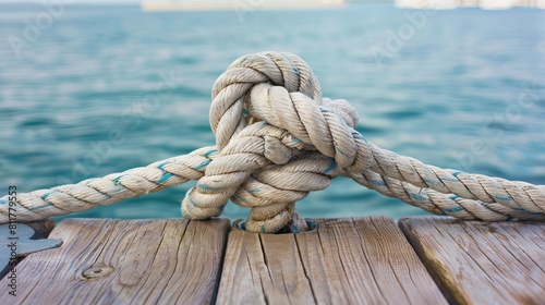 Close-up of a nautical mooring rope with its knotted end wrapped around a cleat on a wooden pier