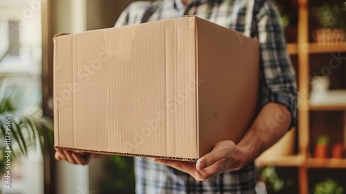 Man's hand in closeup holding cardboard in his new house. A young man in his new apartment is unpacking boxes. Man moving with his girlfriend, carrying a carton box by hand © Zahid