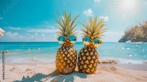 A couple of pretty pineapples with chic mirrored shades on the beach. Tropical getaway idea for summertime. An island in the tropics with a sunny beach. Honeymoo