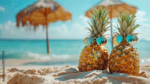 A couple of pretty pineapples with chic mirrored shades on the beach. Tropical getaway idea for summertime. An island in the tropics with a sunny beach. Honeymoo