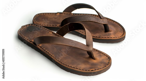 isolated pair of dark brown leather sandals against a white backdrop