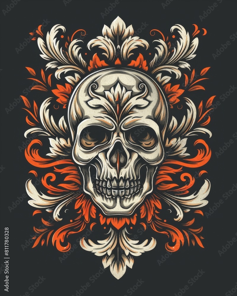 A vibrant skull adorned with intricate floral patterns and ornate details A vibrant skull adorned with intricate floral patterns and ornate details