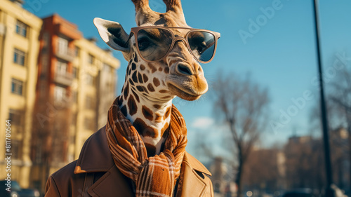 Picture a fashionable giraffe in a tailored trench coat, accessorized with a silk scarf