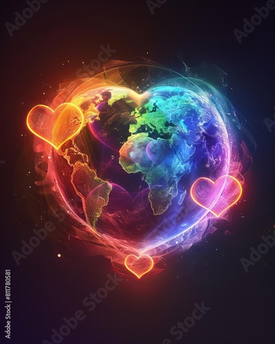 A digital artwork featuring holographic heart shapes set around a rainbowcolored globe against a black background  conveying a futuristic love for the planet  epic editorial