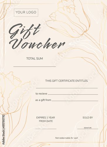 Floral gift voucher template. Elegant vector gift certificate with golden tulips flowers. Design template with hand drawn flowers for spa, beauty salon, shops.