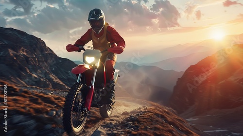 Man riding an enduro bike on a mountain road at dusk, dressed in full motorcycle gear. Idea of motorsport, velocity, pastime, travel, and activity photo