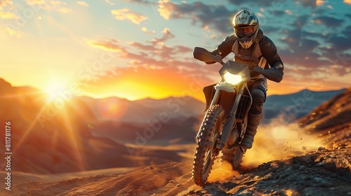 Man riding an enduro bike on a mountain road at dusk, dressed in full motorcycle gear. Idea of motorsport, velocity, pastime, travel, and activity