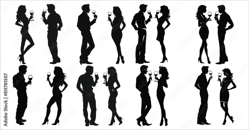 Silhouettes of man and woman drinking standing, Silhouettes of men and women standing at a party, Black silhouettes of businessman drinking, Enjoyment, Celebration, Entertainment, Festive, Beverage Silhouettes of man and woman drinking standing, Silhouettes of men and women standing at a party, Black silhouettes of businessman drinking, Enjoyment, Celebration, Entertainment, Festive, Beverage