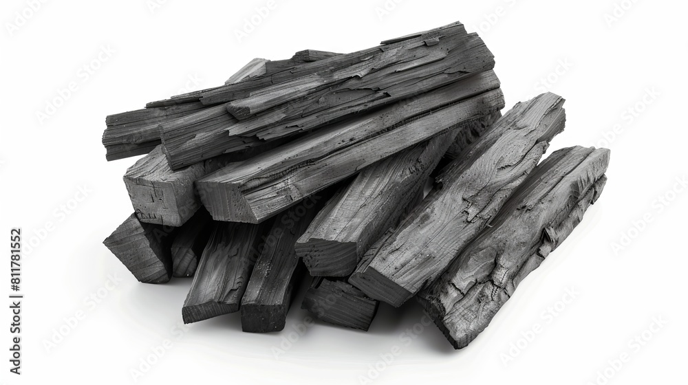 Natural wood charcoal set apart against a snowy backdrop. hard wood charcoal