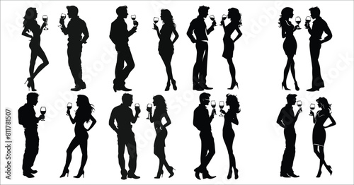 Silhouettes of man and woman drinking standing, Silhouettes of men and women standing at a party, Black silhouettes of businessman drinking, Enjoyment, Celebration, Entertainment, Festive, Beverage