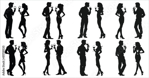 Silhouettes of man and woman drinking standing, Silhouettes of men and women standing at a party, Black silhouettes of businessman drinking, Enjoyment, Celebration, Entertainment, Festive, Beverage
