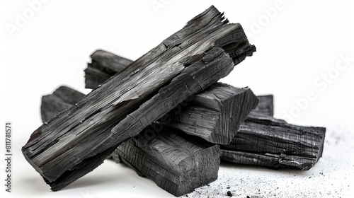 Natural wood charcoal set apart against a snowy backdrop. hard wood charcoal