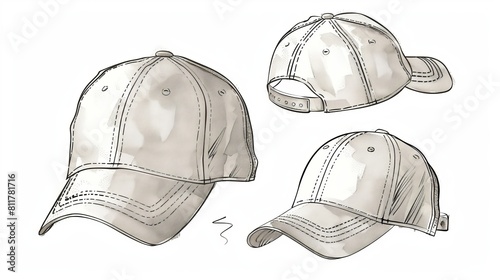 Baseball cap flat sketch with open top. sports cap clothing style. front, rear, and side. CAD model for accessories. Template for technical drawings. Vector-based artwork. photo