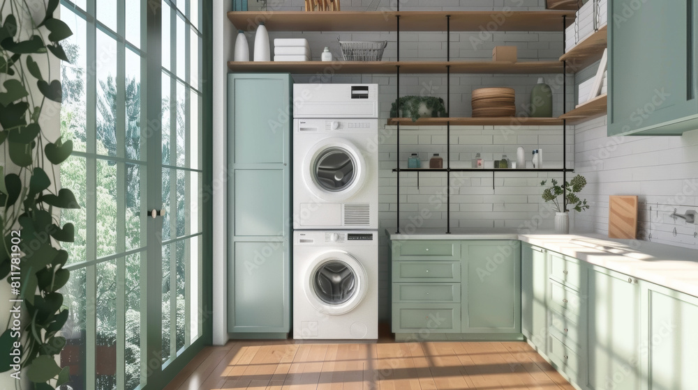 Bright and Airy Modern Laundry Room with Green Cabinets Bright and Airy Modern Laundry Room with Green Cabinets