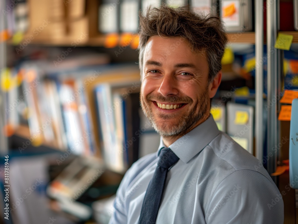 An Accountant male wearing a shirt and tie, standing in front of shelves filled with financial documents and calculators, smiling and looking into the camera An Accountant male wearing a shirt and tie, standing in front of shelves filled with financial documents and calculators, smiling and looking into the camera