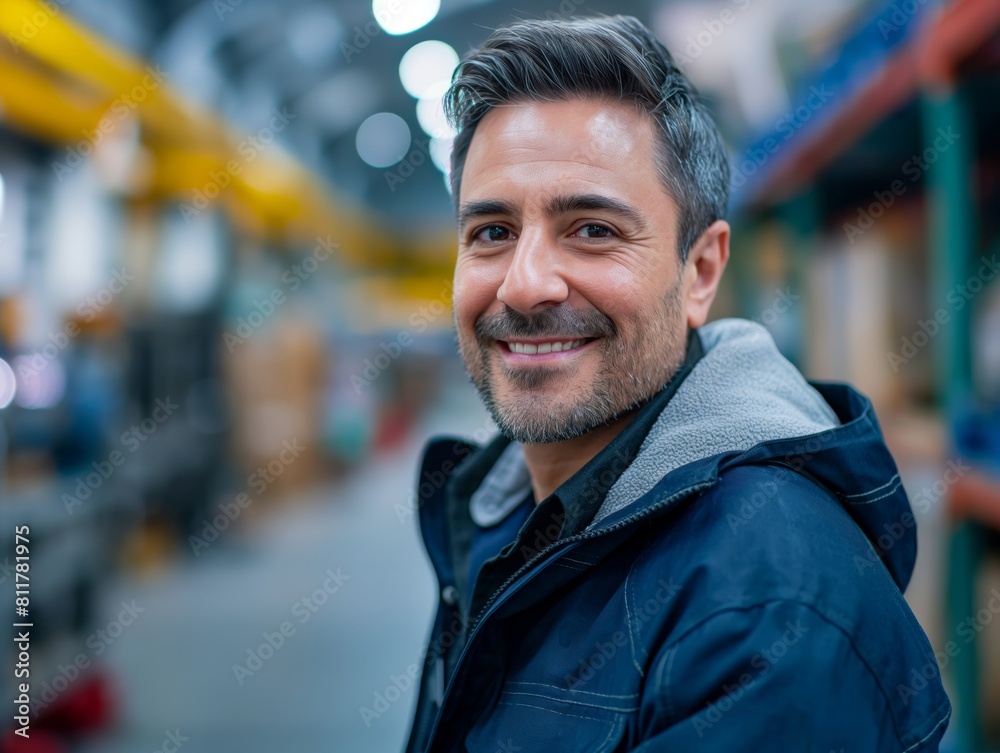 An Operations Manager male wearing a professional work outfit, standing in front of a busy factory floor, smiling and looking into the camera An Operations Manager male wearing a professional work outfit, standing in front of a busy factory floor, smiling and looking into the camera
