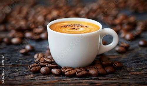 Close-up of aromatic coffee cup surrounded by roasted beans