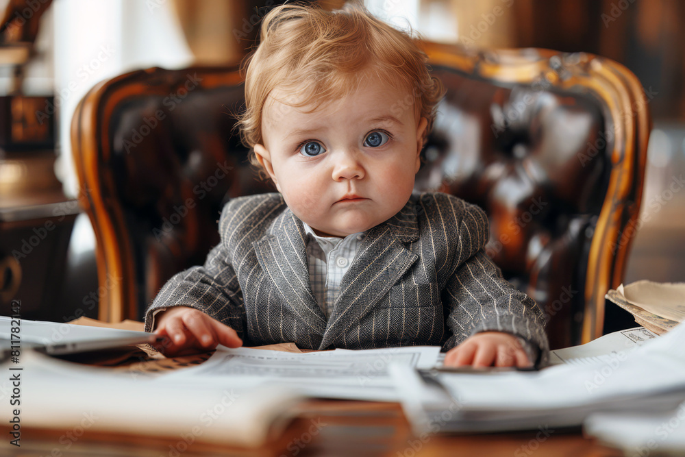 Charming baby boy dons a dapper pinstripe suit while taking charge of an office desk, sucessful mini boss in opulent atmoshere Charming baby boy dons a dapper pinstripe suit while taking charge of an office desk, sucessful mini boss in opulent atmoshere