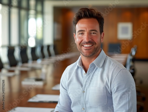 A Human Resources Manager male wearing business casual attire, standing in front of a boardroom table with HR documents, smiling and looking into the camera © CG Design
