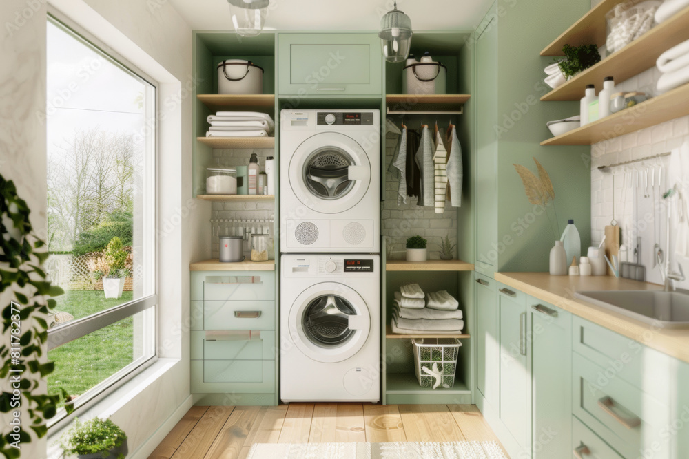 Bright and Airy Modern Laundry Room with Green Cabinets Bright and Airy Modern Laundry Room with Green Cabinets