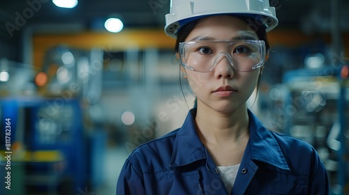 An Asian female professional engineer with safety glasses and a workshop in uniform on quality control, maintenance in the factory and warehouse for factory operators