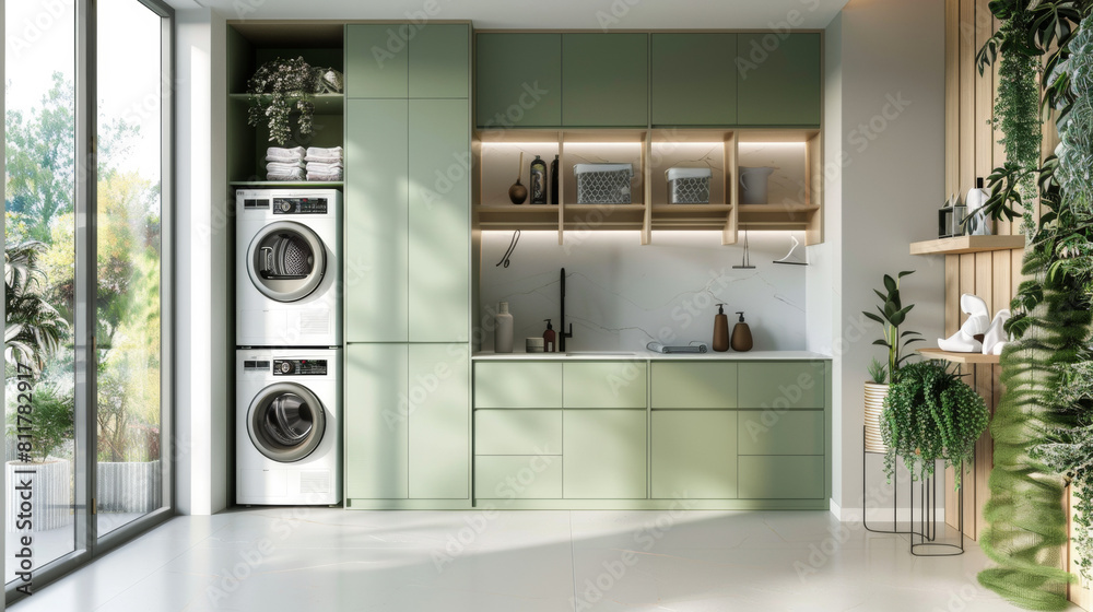 Bright and Airy Modern Laundry Room with Green Cabinets Bright and Airy Modern Laundry Room with Green Cabinets