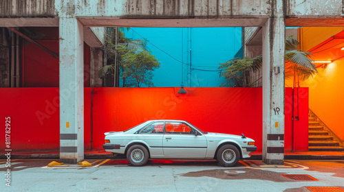 A white car is parked in front of a red building photo