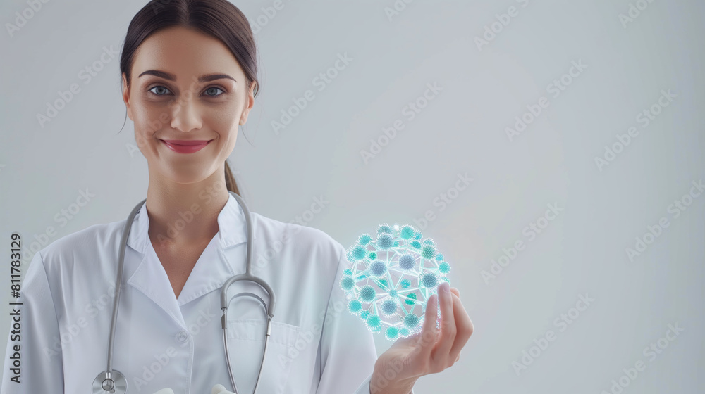 Beautiful Lady doctor showing a 3D Immunity Booster model Beautiful Lady doctor showing a 3D Immunity Booster model