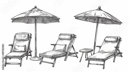 Vector line drawing of a set of Caise Lognue chairs and umbrellas, as well as beach and pool furniture
