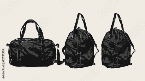 Set of Duffel bags, barrel bag flat sketch vector, sport duffle bag cad drawing, flat sketch fashion illustration drawing template mock up. photo