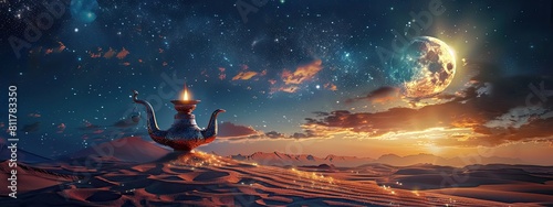Aladdin's lamp in the desert. Generative AI photo