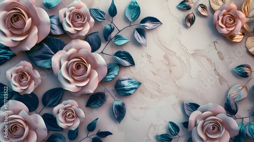 3d wallpaper, white roses on pastel color background