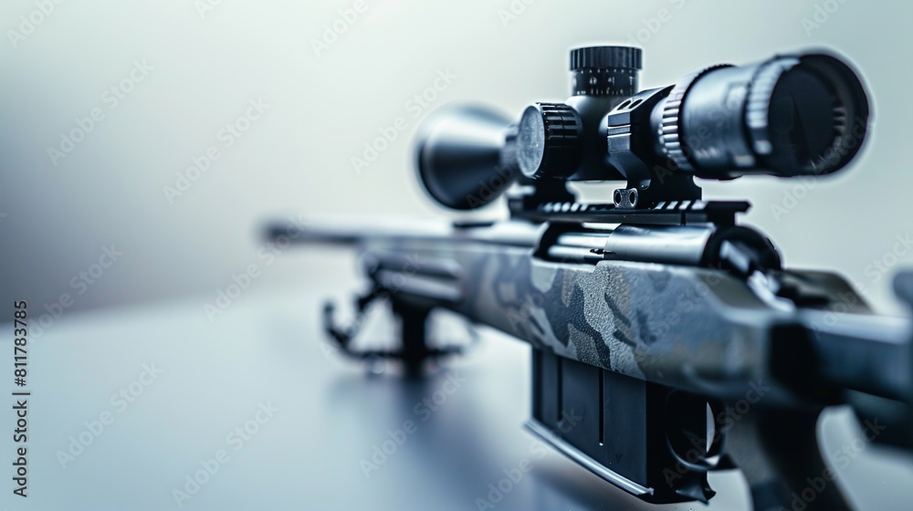 Sniper rifle with metallic finish, photographed in a studio against a white background.