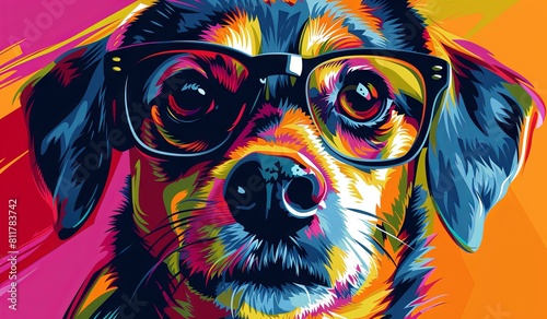 Vibrant pop art of a dog wearing glasses