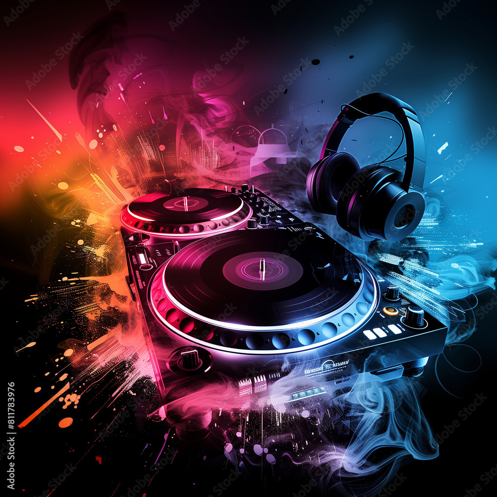 Colorful DJ mixer with headphones artwork.