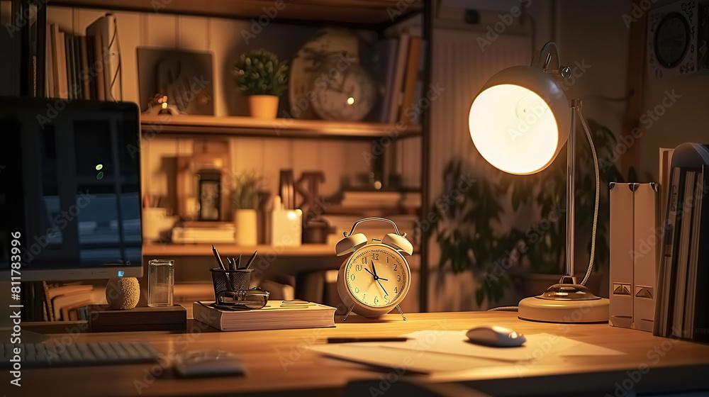 Well-organized home office desk with warm lighting, encouraging a productive and inviting workspace Well-organized home office desk with warm lighting, encouraging a productive and inviting workspace