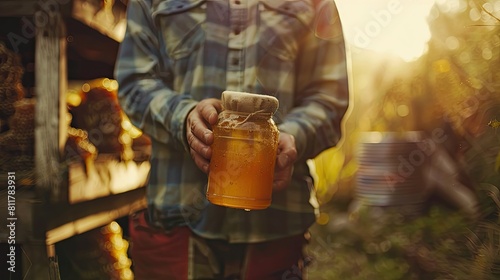 a man holds a jar of honey on the background of an apiary. Selective focus