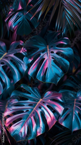 Wallpaper Mural Tropical monstera leaves in vibrant blue and pink hues Torontodigital.ca
