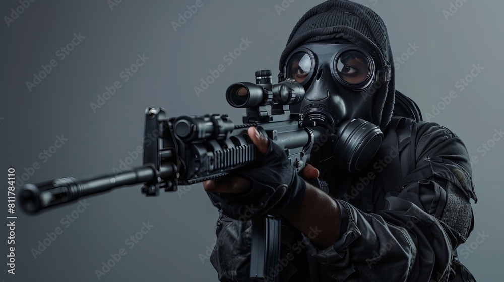 Isolated on a grey background, a black military man wearing a gas mask is seen aiming a rifle in a studio shot.