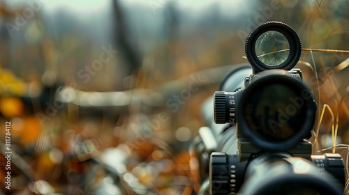 Soft focus studio shot featuring a zoomed air lens on a telescopic sight, accompanied by a medium view of a scout scope in the background. photo