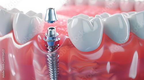 Dental implantation, teeth with implant screw, 3d illustration.